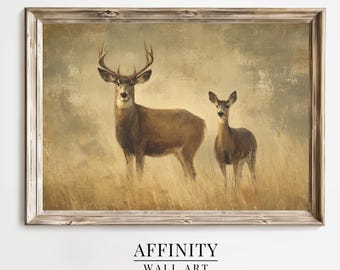 May include: A framed print of two deer in a field. The larger deer has antlers. The artwork has a vintage aesthetic with a neutral colour palette of browns and tans. The text "AFFINITY WALL ART" is printed at the bottom of the frame.