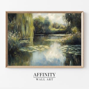 Vintage Oil Painting of Summer Pond with Lily Pads – Tranquil Nature Landscape Wall Art for Cottagecore or Relaxing Decor