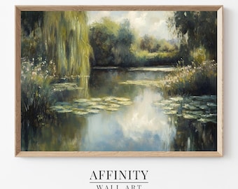 Lily Pad Pond Oil Painting: Tranquil Summer Landscape Art (Digital Download)