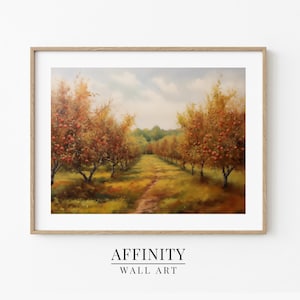 Vintage Style Oil Painting of Apple Orchard in Fall, Rustic Autumn Wall Art, Cozy Farmhouse Decor, Perfect for Seasonal Home Accents