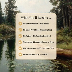 Peut inclure: Une impression d'art num&eacute;rique repr&eacute;sentant un paysage serein avec un lac et des arbres. L'image comprend le texte "What You'll Receive..." et des d&eacute;tails sur le t&eacute;l&eacute;chargement instantan&eacute;, les tailles d'impression et les fichiers JPEG haute r&eacute;solution jusqu'&agrave; 61x91cm.