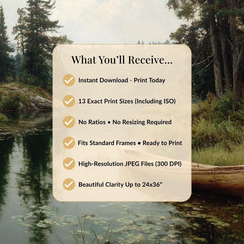 Peut inclure: Une impression d'art num&eacute;rique repr&eacute;sentant un paysage serein avec un lac et des arbres. L'image comprend le texte "What You'll Receive..." et des d&eacute;tails sur le t&eacute;l&eacute;chargement instantan&eacute;, les tailles d'impression et les fichiers JPEG haute r&eacute;solution jusqu'&agrave; 61x91cm.