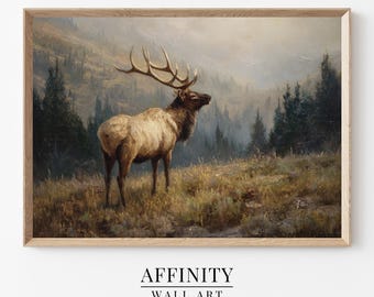 Vintage Elk Wall Art | Majestic Elk Print in Mountain Meadow (Digital Download)