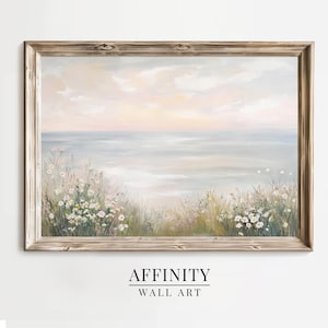 Soft Coastal Landscape Printable Wall Art Neutral Ocean View with Wildflowers Pastel Beach Painting Digital Download for Home Decor