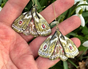 Green Moth butterfly ceramic dangle earrings. Porcelain ceramic lightweight earrings. Spring summer artistic bug insect earrings.