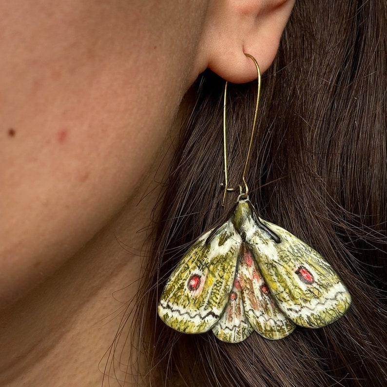 Green Moth butterfly ceramic dangle earrings. Porcelain ceramic lightweight earrings. Spring summer artistic bug insect earrings. image 6