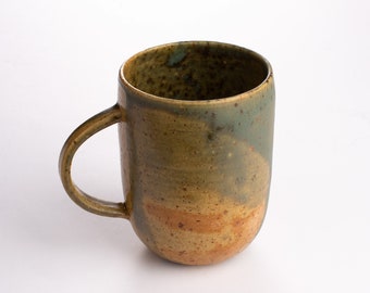 Large 550 ml green coffee, tee mug, handmade wheel thrown stoneware minimal Baltic design handcrafted ceramic tableware.