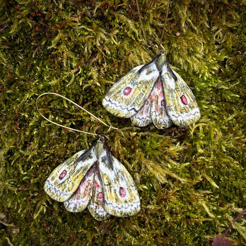 Groene Moth vlinder keramische bungeloorbellen. Lichtgewicht oorbellen van porseleinkeramiek. Lente zomer artistieke bug insect oorbellen. afbeelding 3