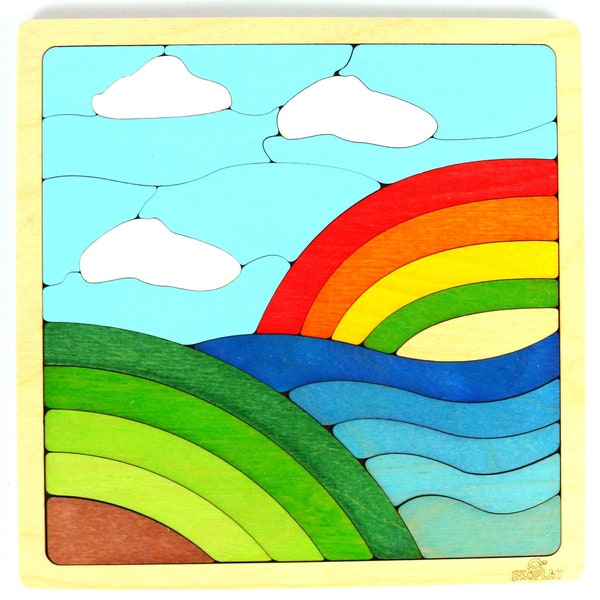 Ekoplay Holzpuzzle Landschaft mit Regenbogen  I  nachhaltig gefertigtes Lernspielzeug farbenfroh