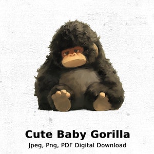 Cute Gorilla Png Digital Download, Adorable Cartoon Animal Illustration, Fun Kids Room Decor, Playful Nursery Wall Art