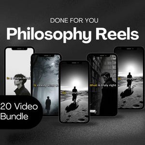 Puede incluir: Un conjunto de 20 carretes de vídeo en blanco y negro con citas filosóficas. Las citas incluyen "En un reino desprovisto", "¿Es la realidad lo que nosotros", "¿Tenemos realmente", "¿Qué es realmente correcto", y "¿Tenemos realmente".