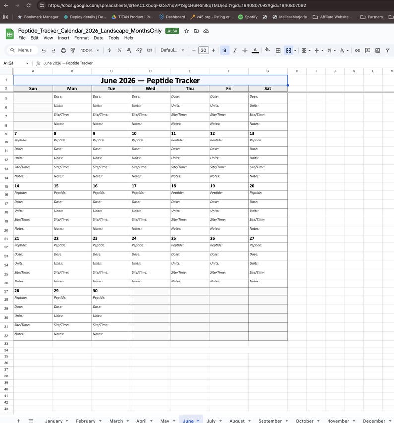 2026 Peptide Tracker Calendar | Monthly Landscape Planner | Excel ...