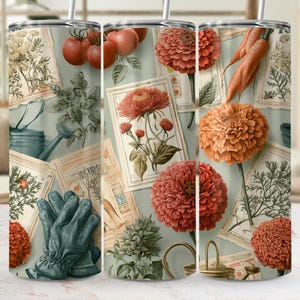 May include: A cylindrical tumbler featuring a botanical garden theme with illustrations of red tomatoes, orange carrots, and vibrant orange flowers. The design includes vintage-style paper cards with plant sketches, a teal watering can, and gardening gloves.