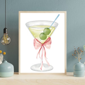 Martini con lazo rosa imprimible / Arte para carrito de bar / Arte imprimible retro / Decoración de habitación coqueta / Impresión descargable / Impresiones digitales / Aceitunas