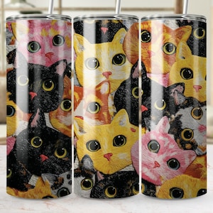 Bunte Katzen Tumbler Wrap, 20 Unzen Skinny Cat Tumbler PNG, süße Kitty Sublimation Designs, Katzenliebhaber Tumbler Wrap