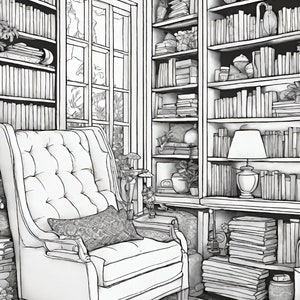 black and white line drawing for coloring books of a compfy chair and wall of books