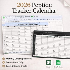 Könnte beinhalten: Ein digitaler 2026 Peptide Tracker Kalender, angezeigt auf einem Laptop und einem Tablet. Der Kalender bietet ein monatliches Querformat, mit täglicher Dosis- und Einheitenverfolgung und ist mit Excel und Google Sheets kompatibel.