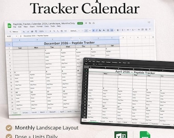 Calendario di monitoraggio dei peptidi 2026 / Planner mensile del paesaggio / Excel / Fogli Google