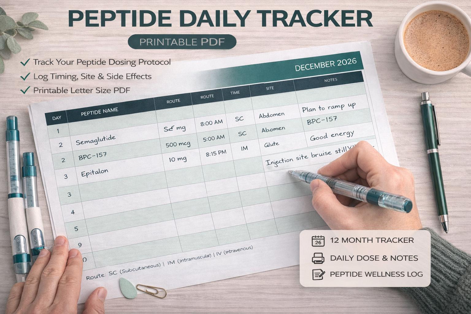 Peptide Injection Log Peptide Tracker 2026 Daily Log, 12 Month Dosing Journal (digital ...