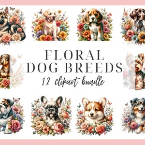 Chien de race Clip Art Bundle Floral chiens, bouledogue français des Pyrénées carlin teckel rottweiler corgi Clipart, téléchargement numérique, clipart chien
