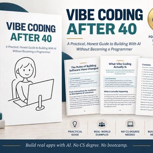 May include: A white book titled Vibe Coding After 40 with a line drawing of a person at a computer. The image displays the book cover, two open pages, and a table of contents. A gold digital eBook badge and text about building with AI are visible.