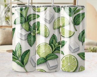 Tumbler Wrap Lime Mint, Tumbler Skinny da 20 oz PNG, Disegni per sublimazione del Mojito Summer Drink, Tumbler Wrap per cubetti di ghiaccio, Download digitale