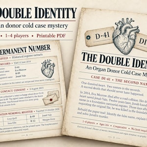May include: Two pages of a printable mystery game titled The Double Identity. The documents feature an anatomical heart illustration, hospital records, a foundation memorial register, and narrative text about an organ donor cold case mystery.
