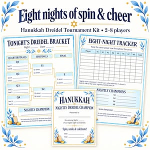 Puede incluir: Un kit de torneo de dreidel de Hanukkah que incluye una hoja de cuadro, un rastreador de ocho noches y un certificado de campeón. Los materiales impresos presentan detalles florales azules y dorados, ilustraciones de dreidels y texto como Eight nights of spin & cheer, Tonight's Dreidel Bracket y Eight-Night Tracker.