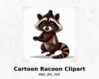 Imágenes prediseñadas de mapache, ilustración de animal de dibujos animados con sombrero negro (descarga digital)