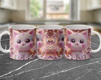 3D Błyszczący Różowy Kot 15 i 11oz Kubek Wrap PNG Pobieranie Cyfrowe