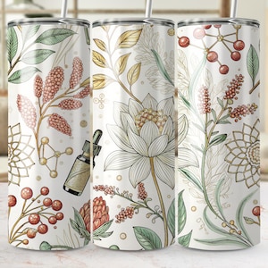 Botanical Tumbler Wrap, Floral Skinny Tumbler PNG, Lotus Flower Sublimation Design, Essential Oil, Digital Download