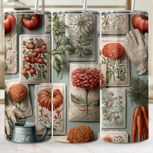 May include: A cylindrical tumbler featuring a repeating pattern of vintage-style botanical seed packets, garden gloves, a metal watering can, red tomatoes, orange carrots, and various blooming flowers in shades of red, orange, and white.