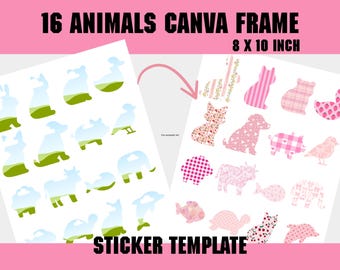 Canva Frame Sticker Template: 16 Editable Animal Designs (Digital Download)