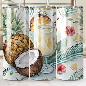 Tropical Drink Tumbler Wrap, 20oz Skinny Tumbler PNG, Summer Cocktail Sublimation, Pineapple Coconut, Digital Download