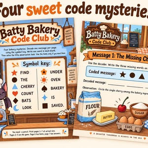 Printable Code Game for Kids, Batty Bakery Halloween Puzzle, 4 Symbol Messages, Decoder, Hints and Answer Key PDF