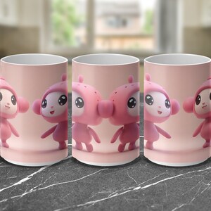 Cute Pink Cartoon Characters Dance Poses Coffee Mug Wrap, Digital Mug Wrap 15 & 11oz Mug Wrap PNG Digital Download