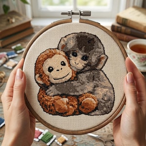 May include: A cross-stitch embroidery hoop featuring two hugging monkeys. The monkeys are brown and gray, stitched on a beige fabric. The wooden hoop is held by hands, with a background of books and tea.