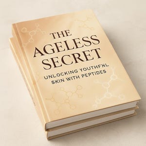 Könnte beinhalten: Zwei gebundene Bücher mit dem Titel "The Ageless Secret" und dem Untertitel "Unlocking Youthful Skin with Peptides". Die Buchdeckel sind beige mit braunem Text und einem Molekulardesign. Die Bücher sind übereinander gestapelt.