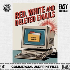 Red White Deleted Emails, Computer Art, Retro Tech, Digital Download, Funny Email, Vintage Computer, Deleted Emails Art