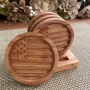 Handmade American Flag Wood Coasters with Stand | Patriotic Coaster Set | USA Flag Wooden Coasters | 4th of July Gift