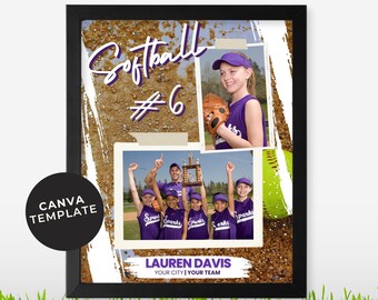 May include: A framed collage of photos celebrating a softball player. The collage features a photo of the player holding a softball, a photo of the player's team, and a photo of the player's team holding a trophy. The collage is decorated with a glittery background and the text "Softball #6 Lauren Davis Your City | Your Team".