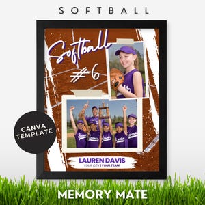 Op de afbeelding: Een bruin en wit softball-themaposter met een foto van een meisje dat een softball vasthoudt en een foto van een softballteam. De poster heeft de tekst "Softball #6" en "Lauren Davis Your City | Your Team".