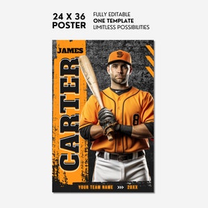 May include: A baseball poster template featuring a baseball player in a black and orange uniform holding a bat. The poster has a black and orange grunge background with the text "JAMES CARTER" in large black letters. The text "YOUR TEAM NAME >>> 20XX" is at the bottom of the poster.
