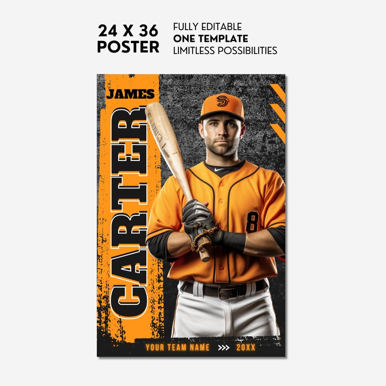May include: A baseball poster template featuring a baseball player in a black and orange uniform holding a bat. The poster has a black and orange grunge background with the text "JAMES CARTER" in large black letters. The text "YOUR TEAM NAME >>> 20XX" is at the bottom of the poster.