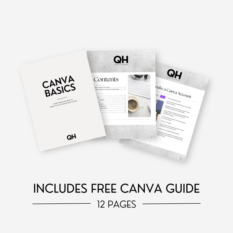 May include: A free 12-page guide titled "Canva Basics" with a white background and black text. The guide includes information on how to make a Canva account, create a template, and use Canva's features. The guide is part of a larger set of resources from "QH Creative Academy".