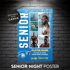 Swim Senior Night Poster Senior Poster Template Bearbeitbares Schwimmen Hintergrund Poster Foto Collage Schwimmer Backdrop DIY Canva Template