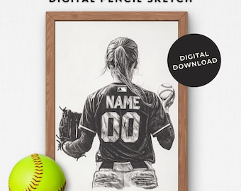 Girl Softball Gift Personalized Senior Gift Pencil Sketch Wall Art Softball Room Decor Birthday Softball Graduation Gift Custom Name Number