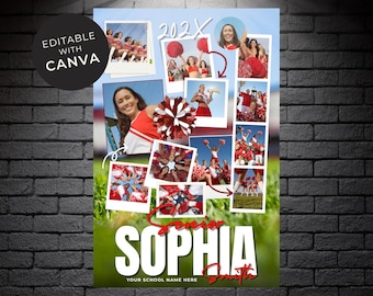 Könnte beinhalten: Ein Senior Night-Poster mit einer Collage von Fotos einer Cheerleaderin namens Sophia. Das Poster hat einen grün-weißen Hintergrund mit dem Text "Senior Night Poster" und "Editable with Canva."