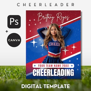 Modèle de bannière de pom-pom girl pour Photoshop/Toile Modèle DIY facile Fond rouge et bleu Cheer Modèle de danse ou de sport pour seniors 24 x 30