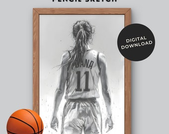 Girl Basketball Graduation Gift, Personalized Pencil Sketch Female Basketball Print, Senior Night Gift, Banquet Gift, Basketball Wall Art